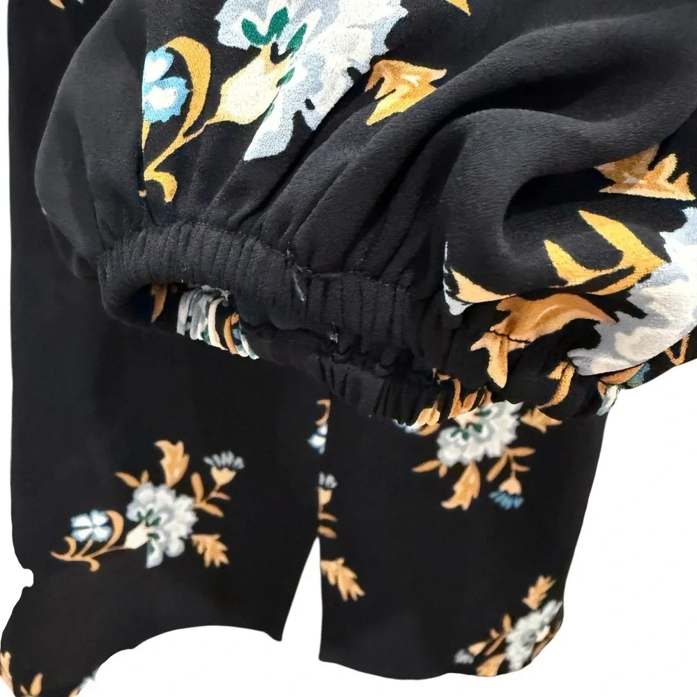 LOFT Petites Black Floral Puff Sleeve Blouse XSP Crew Neck Keyhole Back Top